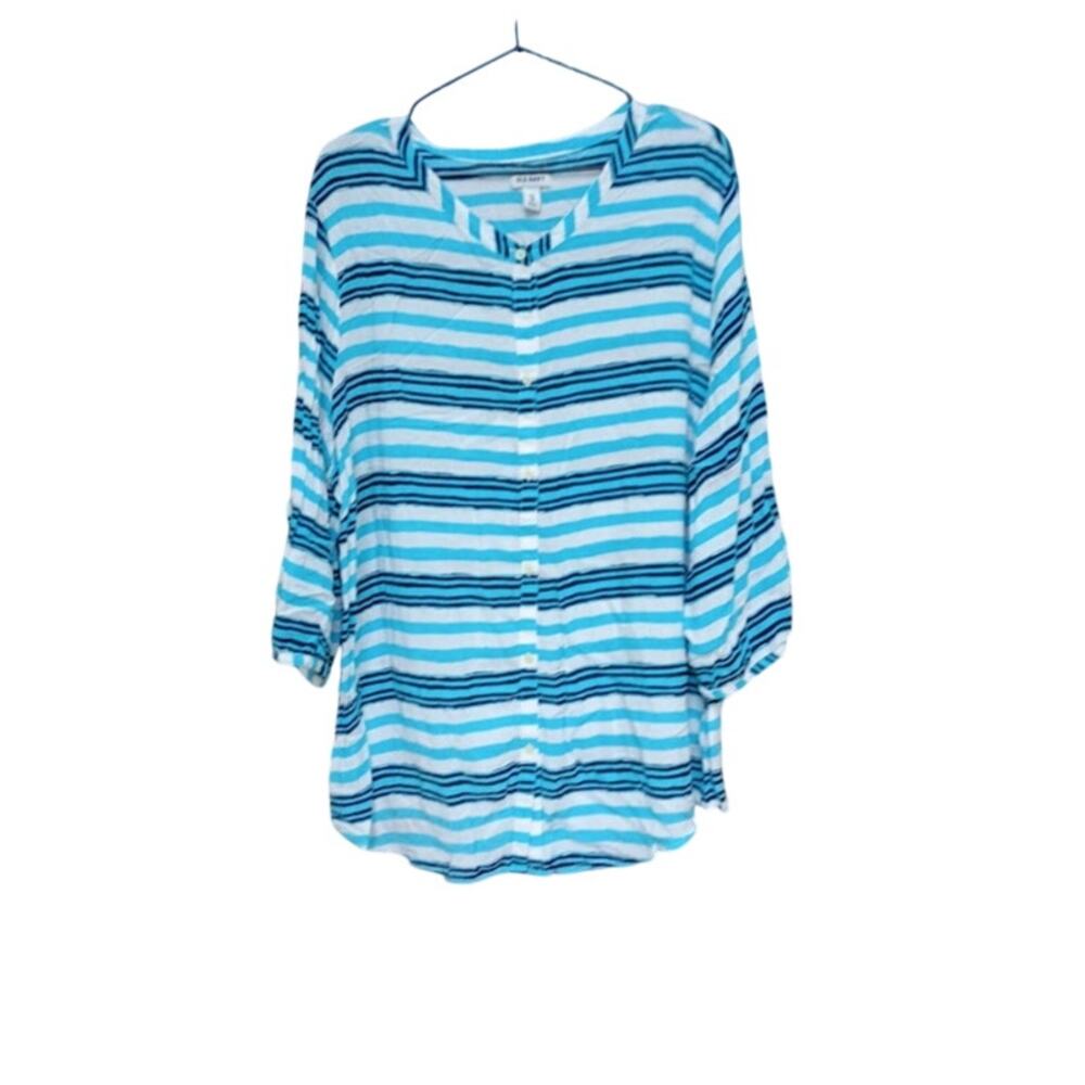 Old Navy Blue and White Strip Button Down 3/4 Sleeve Blouse Size XXL